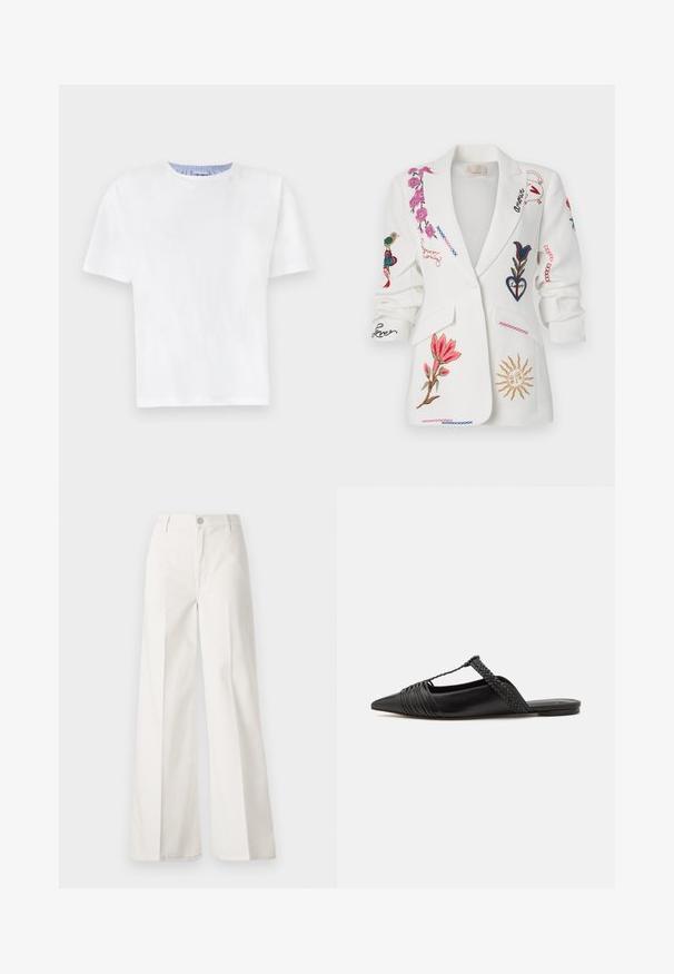White blazer with embroidered floral patterns, birds, and script details in various colors, featuring a notched lapel and front pockets.; White cotton T-shirt with a crew neck. Features short sleeves and a blue striped detail on the inner neckline. Soft texture, regular fit.; White wide-leg trousers made from cotton with a smooth texture. Features a front button, zipper fly, and four-pocket design.; Black leather slingback shoe with a pointed toe, featuring a woven accent and pleated upper design. Flat sole with minimal hardware.