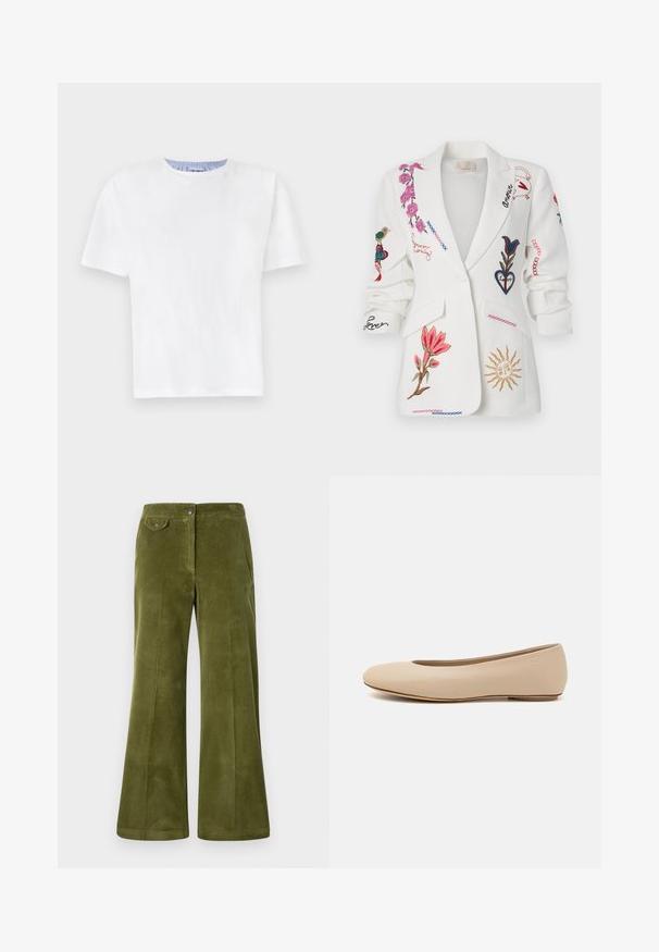 Balts žakets ar izšūtām ziedu motīviem, putniem un rakstītiem elementiem dažādās krāsās, ar izgrieztiem atlokiem un priekšējām kabatām.; Balts kokvilnas T-krekls ar apaļu kaklu. Ar īsām piedurknēm un zila svītru detaļu iekšējā kakla izgriezumā. Mīksta tekstūra, regulāra piegriezums.; Olīvu zaļas korduroja platās bikses ar gludu tekstūru, priekšējām kabatām un priekšējo pogu aizdari. Vertikāla ribota raksts visā virsmā.; Bežs ādas deju zābaciņš ar noapaļu purngalu, minimālu šuvju detaļām, zemu papēdi un diskrētu logotipu aizmugurē. Gluda, matēta tekstūra.