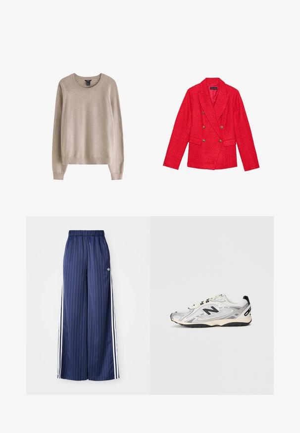 Rød tweed blazer med dobbeltradet design, guldbutton-accenter, sætninger og to frontlommer. Teksturert stoffinish.; Beige sweater med ribbet rund halsudskæring, lange ærmer og en afslappet pasform, fremstillet af blødt tekstilmateriale.; Mørkeblå brede bukser med lodrette hvide striber, elastisk talje og tre hvide striber langs hver side, lavet af et let materiale.; Grå og hvid sportssko med en afrundet tå, mesh og syntetiske materialer, sorte accenter og en tekstureret gummisål.