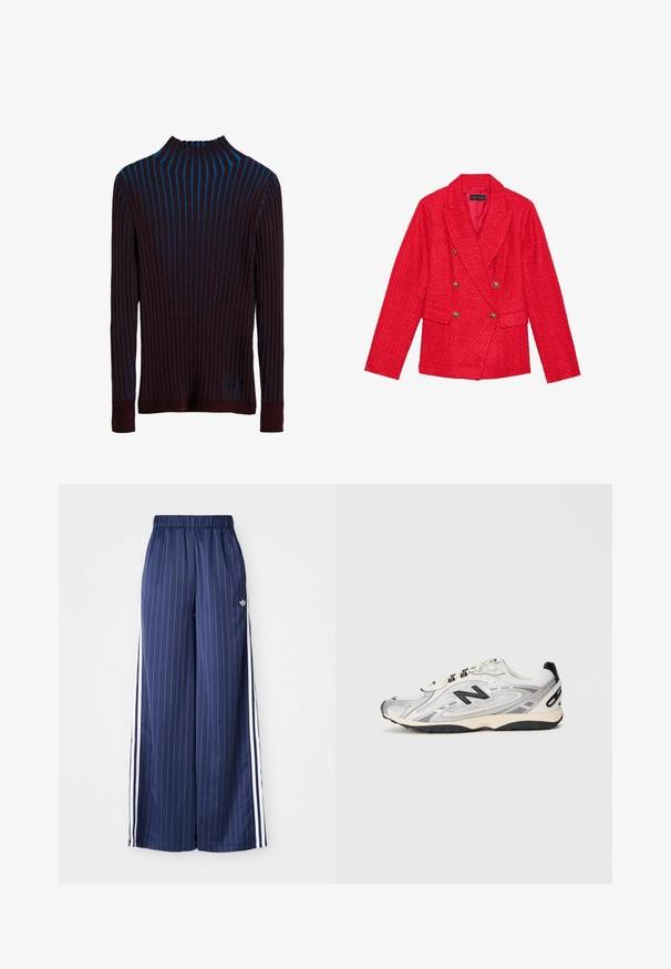 Red tweed blazer with a double-breasted design, gold button accents, notch lapels, and two front pockets. Textured fabric finish.; Dark purple ribbed sweater with blue vertical stripes, high neckline, and fitted cuffs. Soft texture with subtle sheen.; Navy blue wide-leg pants with vertical white stripes, elastic waistband, and three white stripes along each side, made from a lightweight material.; Gray and white athletic shoe with a rounded toe, mesh and synthetic materials, black accents, and a textured rubber sole.