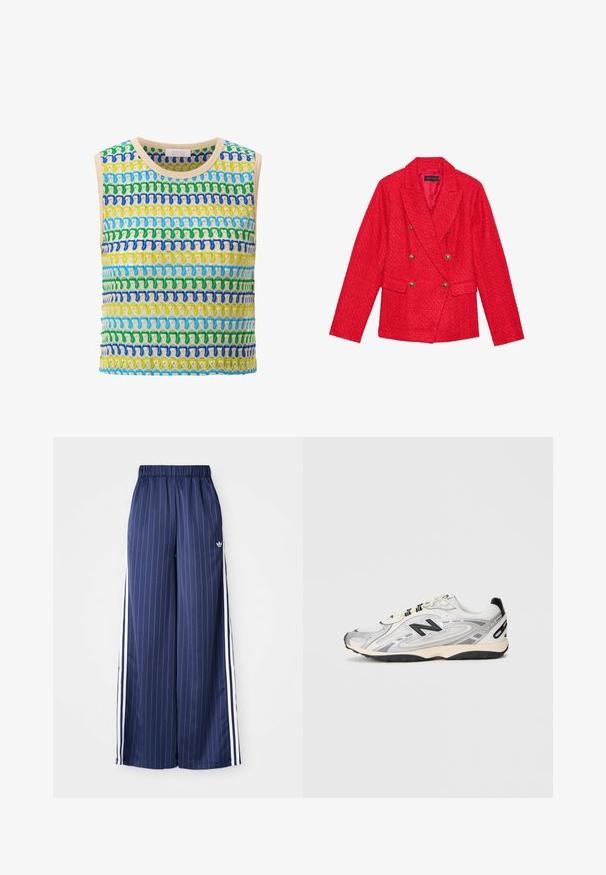 Rød tweed blazer med dobbeltradet design, guldbutton-accenter, sætninger og to frontlommer. Teksturert stoffinish.; Ærmeløs top med et strikket mønster i livlige blå, grønne og gule farver. Flerfarvede horisontale striber med en let tekstur.; Mørkeblå brede bukser med lodrette hvide striber, elastisk talje og tre hvide striber langs hver side, lavet af et let materiale.; Grå og hvid sportssko med en afrundet tå, mesh og syntetiske materialer, sorte accenter og en tekstureret gummisål.