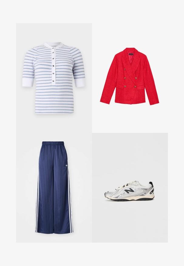 Red tweed blazer with a double-breasted design, gold button accents, notch lapels, and two front pockets. Textured fabric finish.; White and light blue striped short-sleeve top with a round neck, featuring a buttoned front placket and ribbed texture.; Navy blue wide-leg pants with vertical white stripes, elastic waistband, and three white stripes along each side, made from a lightweight material.; Gray and white athletic shoe with a rounded toe, mesh and synthetic materials, black accents, and a textured rubber sole.