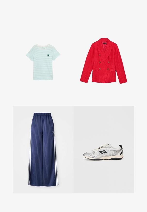 Rode tweed blazer met een dubbel borstontwerp, gouden knoopaccenten, notched revers en twee voorzakken. Getextureerde stoffen afwerking.; Blauw en witte gestreepte t-shirt, korte mouwen, ronde halslijn, lichtgewicht katoenmateriaal. Bevat een zongraphic op de borst.; Navyblauwe wijde broek met verticale witte strepen, elastische tailleband en drie witte strepen aan elke kant, gemaakt van een lichtgewicht materiaal.; Grijze en witte sportschoen met een ronde neus, gemaakt van mesh en synthetische materialen, zwarte accenten en een gestructureerde rubberen zool.