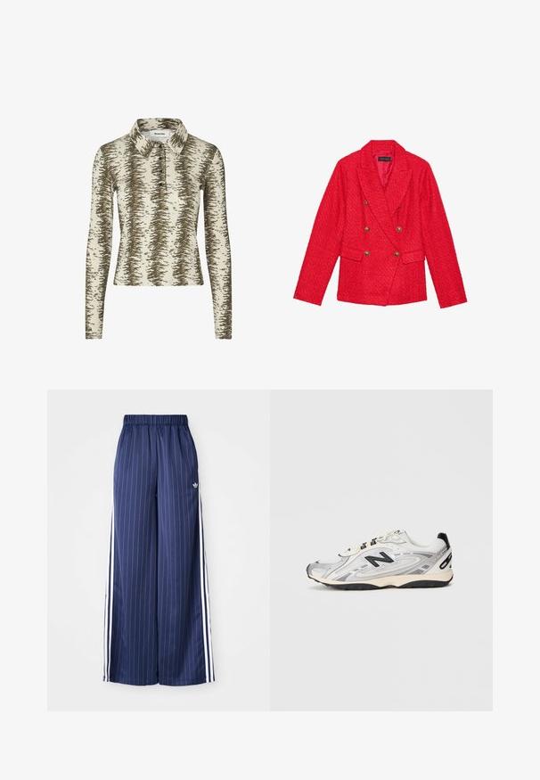 Sacou din tweed roșu cu un design cu două rânduri de nasturi, detalii cu nasturi aurii, rever în formă de v și două buzunare frontale. Finisaj din țesătură texturată.; Tricou polo cu mânecă lungă de culoare bej, cu un model abstract maro, având un guler, un placket cu trei butoane și o textură ribbed.; Pantaloni largi de culoare albastru marin, cu dungi albe verticale, talie elastică și trei dungi albe de-a lungul fiecărei laturi, fabricați dintr-un material ușor.; Adidași atletici gri și albi cu vârf rotunjit, din materiale din plasă și sintetice, accente negre și o talpă texturată din cauciuc.