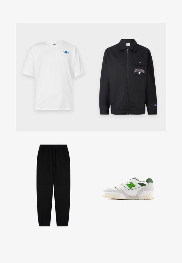 Schwarze Zip-Jacke aus strapazierfähigem Material. Verfügt über eine Brusttasche und das gestickte "CHAMPION"-Logo auf der Tasche. Lange Ärmel mit Bündchen.; Weißes T-Shirt mit kurzen Ärmeln, kleinem blauen Logo und dem Text "1967" auf der oberen linken Brustseite, vor einem schlichten Hintergrund dargestellt.; Schwarze Jogginghose aus weichem Stoff, mit elastischem Bund und schmalen Bündchen. Minimalistisches Design ohne sichtbare Muster oder Akzente.; Weiße Sneaker mit grünen Akzenten, aus Leder und Wildleder gefertigt. Verfügt über eine strukturierte Oberseite, einen gepolsterten Kragen und eine Gummisohle mit sichtbarem Profil.
