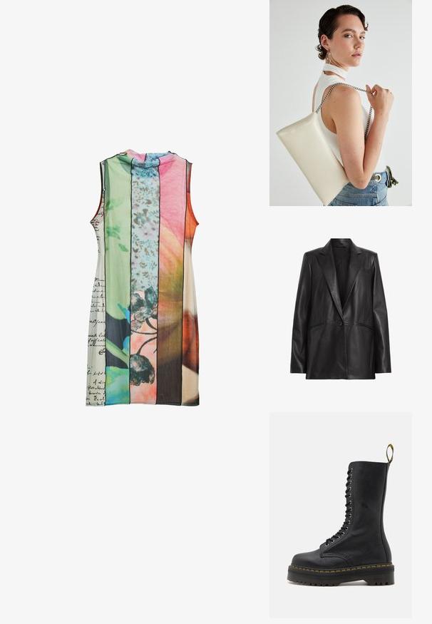 Sacou din piele neagră, cu rever clasic, închidere cu un nasture și două buzunare laterale. Textură netedă, cu croi ajustat.; Rochie fără mâneci, cu panouri cu dungi în culori variate: verde, roz, portocalie, cu modele florale și detalii scrise de mână.; Botă de luptă din piele neagră cu un ștuț înalt, sistem de prindere cu șireturi, cusături galbene și o talpă groasă, texturată. Include un model de tread cu aderență ridicată.; Geantă de clutch rectangulară albă, realizată dintr-un material lucios, având o curea de lanț argintie. Modelul pozează, evidențiind geanta pe un fundal simplu.