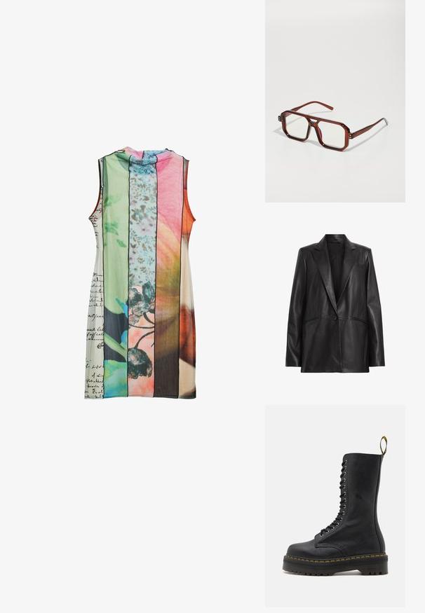 Fekete bőr blézer, érdes nyakkal, egy gombos záródással és két oldalsó zsebbel. Sima textúra, testre szabott szabással.; Ujjatlan ruha, amely különböző színű csíkos panelekből áll: zöld, rózsaszín, narancssárga, virágmintákkal és kézzel írt szöveges részletekkel.; Fekete bőr katonaipari csizma magas szárával, fűzős elejével, sárga varrással és masszív, texturált talppal. Magas tapadást biztosító talppal rendelkezik.; Barna, áttetsző, oversize szemüveg, téglalap alakú lencsékkel és karcsú szárakkal. Szögletes, enyhén kerekített sarkok, látható fém akcentusok.
