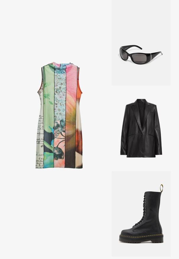 Zwarte leren blazer met een notch-kraag, sluiting met één knop en twee zijzakken. Gladde textuur met een getailleerde pasvorm.; Mouwloze jurk met gestreepte panelen in verschillende kleuren: groen, roze, oranje, met bloemmotieven en handgeschreven tekstdetails.; Zwarte leren gevechtslaars met een hoge schacht, vetersluiting aan de voorkant, gele stiksels en een stevige, gestructureerde zool. Heeft een hoge gripprofiel.; Zwarte zonnebril met glanzende kunststof montuur, graden grijze lenzen en zilverkleurige accenten aan de zijkanten. Strak, gebogen ontwerp.