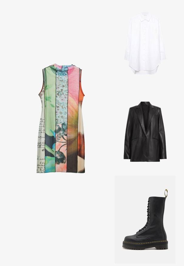 Czarna skórzana marynarka z wykrojem na klapie, z pojedynczym zapięciem na guzik i dwiema bocznymi kieszeniami. Gładka tekstura z dopasowanym krojem.; Sukienka bez rękawów z paskami w różnych kolorach: zielonym, różowym, pomarańczowym, z kwiatowymi wzorami i szczegółami w formie odręcznego tekstu.; Biała koszula z długim rękawem, zapinana na guziki, z szpiczastym kołnierzykiem i zaokrąglonym dołem, wyeksponowana na jednolitym tle.; Czarne skórzane buty bojowe z wysoką cholewką, sznurowane z przodu, z żółtym szwem i masywną, teksturowaną podeszwą. Posiadają wysoki bieżnik zapewniający dobrą przyczepność.