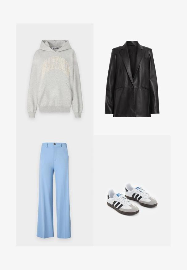 Schwarze Lederblazer mit Reverskragen, einreihiger Knopfverschluss und zwei Seitentaschen. Glatte Textur mit taillierter Passform.; Graue Kapuzenjacke aus einem Baumwoll-Mix. Mit großem, in hellcreme gesticktem "HEARTBEAT"-Logo. Kängurutasche und gerippte Bündchen.; Helle blaue weit geschnittene Hose aus glattem Stoff, mit Knopfverschluss und vorderen Taschen. Schlichte, maßgeschneiderte Gestaltung ohne Muster.; Sportschuhe mit einem Obermaterial aus weißem Leder, grauer Wildleder-Zehenkappe und drei schwarzen Streifen. Sie verfügen über ein blaues Logo auf der Zunge und eine strukturierte Gummisohle.