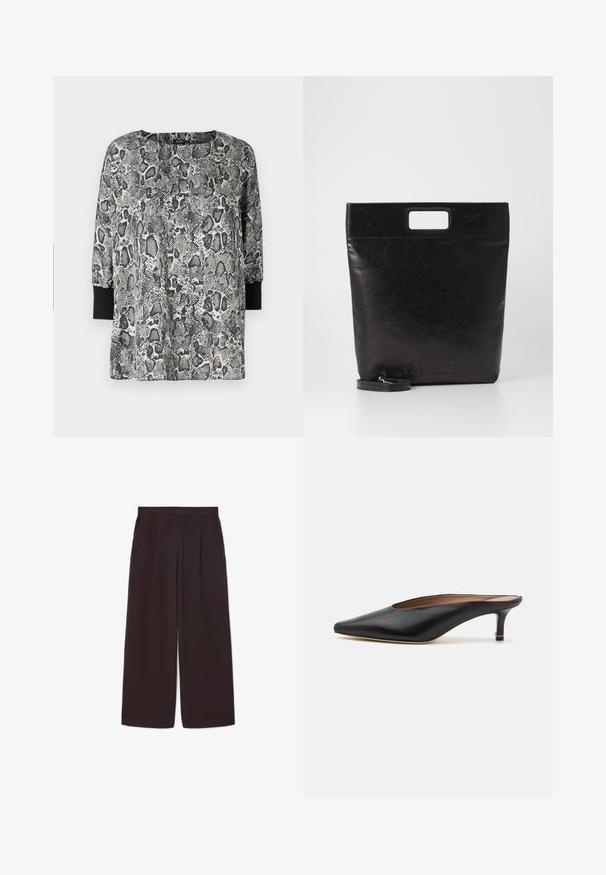 Svart skinnblazer med notch-lapel, enkel knappfeste og to sidelommer. Jevn tekstur med en skreddersydd passform.; Langermet topp med svart- og hvit slangestruktur, rund hals og svarte mansjetter. Laget av myk, lett stoff.; Mørkebrun vid benbukser laget av lett stoff, med høy liv, folder og to sidelommer, samt en elastisk linning.; Sorte lærmules med spiss tå og lav, blokkert hæl. Glatt tekstur med et elegant design. Åpen bak med minimal detaljering.; Svart lær tote veske med firkantet håndtak, med teksturert overflate og preget logo. Inkluderer en avtagbar stropp.