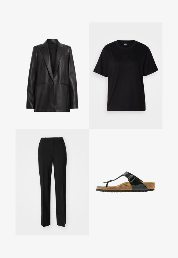 Black leather blazer with a notched lapel, single button closure, and two side pockets. Smooth texture with a tailored fit.; Black cotton t-shirt with a crew neckline, short sleeves, and an embroidered logo on the chest. Simple, relaxed fit with no patterns.; Black tailored trousers with a straight-leg design, featuring a smooth texture and crisp creases along the front. No visible hardware.; Black patent thong sandal with adjustable buckle, cork footbed, and rubber sole. Features a sleek design with a textured footbed.