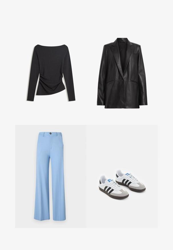 Schwarze Lederblazer mit Reverskragen, einreihiger Knopfverschluss und zwei Seitentaschen. Glatte Textur mit taillierter Passform.; Schwarzes, langärmliges, tailliertes Oberteil mit einem Schiffsausschnitt und leichten Raffungen auf einer Seite an der Taille, flach auf einem weißen Hintergrund ausgelegt.; Helle blaue weit geschnittene Hose aus glattem Stoff, mit Knopfverschluss und vorderen Taschen. Schlichte, maßgeschneiderte Gestaltung ohne Muster.; Sportschuhe mit einem Obermaterial aus weißem Leder, grauer Wildleder-Zehenkappe und drei schwarzen Streifen. Sie verfügen über ein blaues Logo auf der Zunge und eine strukturierte Gummisohle.