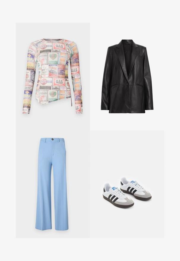 Melnas ādas žakete ar norādītu atloku, ar vienu pogu un divām sānu kabatām. Gluda tekstūra ar pielāgotu piegriezumu.; Ilgi piedurkņu pieguļošā krekls ar daudzkrāsu salikumu no zīmolu etiķetēm un logotipiem uz gludas auduma ar apaļu kakla izgriezumu.; Gaiši zilos platās bikses izgatavotas no gludas auduma, ar pogu aizdari un priekšējām kabatām. Tīrs, pielāgots dizains bez rakstiem.; Sporta apavi ar balto ādas virsu, pelēku zamšādas purngalu un trim melnām svītrām. Iezīmē zilu logotipu uz mēles un teksturētu gumijas zoli.