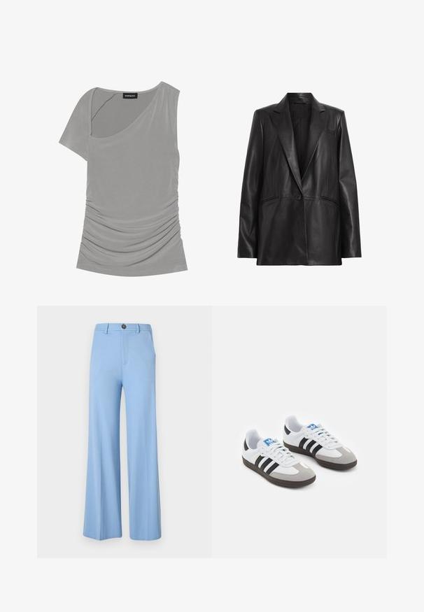 Černá kožená sako s klopami, s jedním knoflíkem a dvěma bočními kapsami. Hladká textura s dobře padnoucím střihem.; Šedý krátký rukáv top s asymetrickým designem, na straně nařasenou texturou a kulatým výstřihem. Vyrobeno z měkkého, elastického materiálu.; Světle modré kalhoty s širokými nohavicemi vyrobené z hladké látky, s knoflíkovým zapínáním a předními kapsami. Čistý, elegantní design bez vzorů.; Sportovní boty s bílým koženým svrškem, šedou semišovou špičkou a třemi černými pruhy. Obsahují modré logo na jazyku a texturovanou gumovou podrážku.