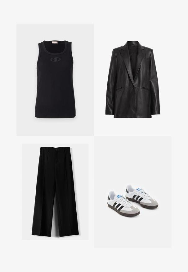 Blazer en cuir noir avec un col à revers, fermeture à bouton unique et deux poches latérales. Texture lisse avec une coupe ajustée.; Débardeur noir à côtes sans manches avec un col rond. Il présente un logo brodé subtil à l'avant. Texture de tissu douce.; Pantalons larges noirs en tissu léger, avec une fermeture à bouton à l'avant et un devant plat, dotés d'ourlets soigneusement cousus.; Baskets avec une tige en cuir blanc, un bout en daim gris et trois bandes noires. Présente un logo bleu sur la languette et une semelle en caoutchouc texturée.