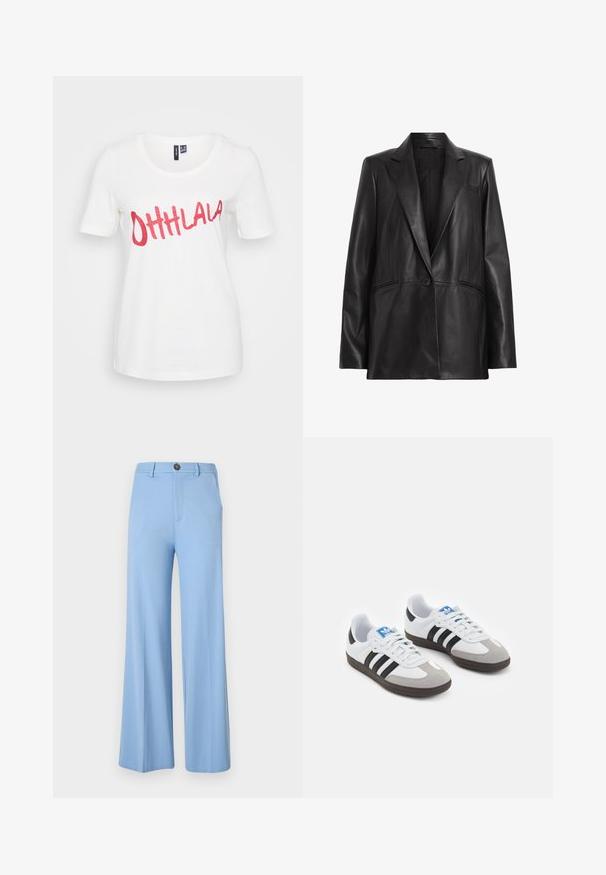 Juodas odinis švarkas su įpjovimu, vieno mygtuko užsegimu ir dviem šoninėmis kišenėmis. Lygus paviršius ir pritaikytas siluetas.; Balta medvilninė marškinėliai su trumpomis rankovėmis, puošti blizgučiais raudonais žodžiais "OHHLALA" ant priekio žaismingu kursyvu.; Šviesiai mėlynų plačių kelnių, pagamintų iš lygaus audinio, savybės: sagtuko uždarymas ir priekinės kišenės. Švarus, pritaikytas dizainas be raštų.; Sportiniai batai su balta odine viršutine dalimi, pilku zomšiniu priekiu ir trimis juodomis juostelėmis. Ant liežuvio yra mėlynas logotipas, o padas pagamintas iš tekstūruoto gumos.