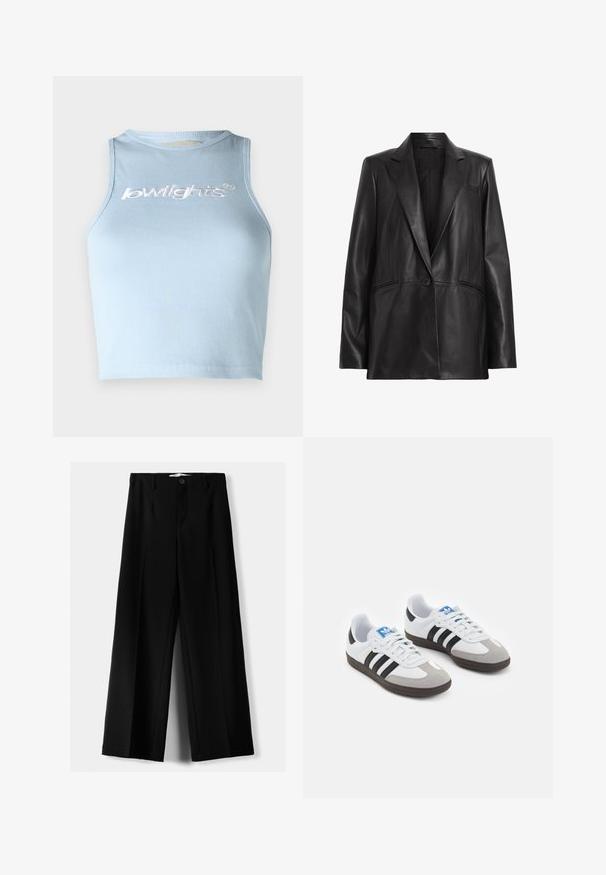 Black leather blazer with a notched lapel, single button closure, and two side pockets. Smooth texture with a tailored fit.; Light blue ribbed crop top with a round neckline and sleeveless design. Features white embroidered text on the front.; Black wide-leg trousers made of lightweight fabric, featuring a front button closure and flat front, with neatly stitched hems.; Sport shoes with a white leather upper, gray suede toe, and three black stripes. Features a blue logo on the tongue and a textured rubber sole.