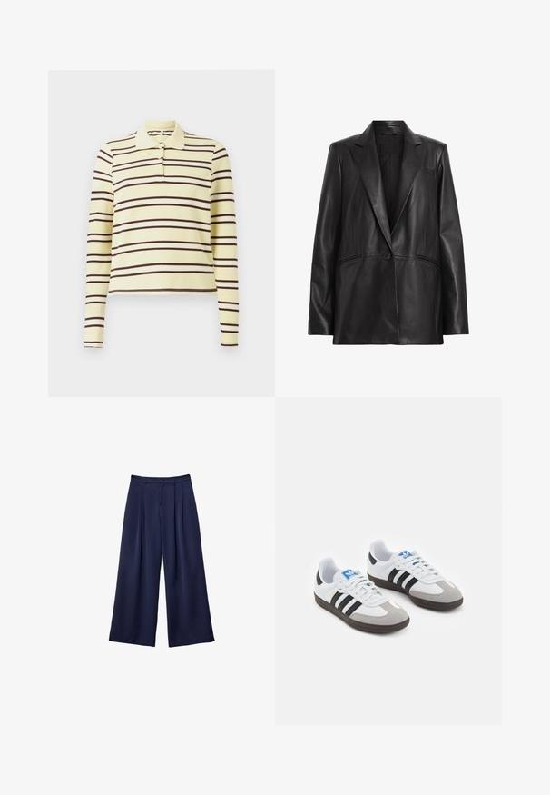 Svart läderblazer med spetsig slag, enkel knappstängning och två sidofickor. Slät textur med en skräddarsydd passform.; Långärmad polo t-shirt i gult med horisontella bruna och vita ränder, med en klassisk krage och treknapps knäppning.; Marinblå vida byxor med veck, knappad midja och bälteshällor, visade liggande på en vit bakgrund.; Sportskor med överdel i vit läder, grå mocka på tårna och tre svarta ränder. Har en blå logotyp på tungan och en texturerad gummisula.