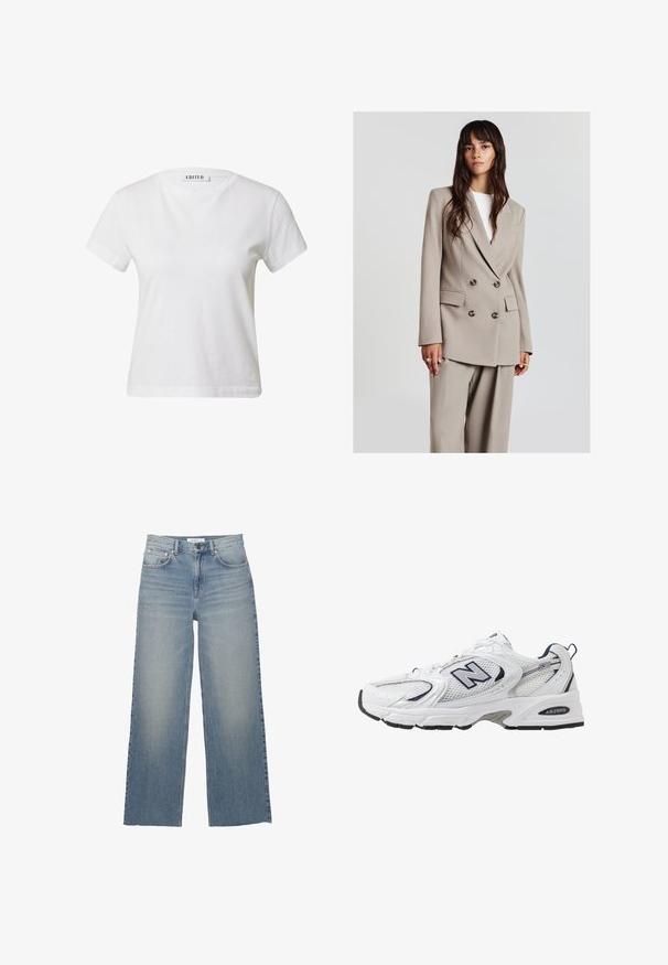 Young woman with long brown hair wears beige double-breasted blazer and matching wide-leg pants, standing against plain light background.; White short-sleeve t-shirt made of cotton, featuring a round neckline and a relaxed fit. Label reads "EDITED" on the back.; Light blue wide-leg jeans made of denim, featuring a high waist, front pockets, and a button closure. Smooth texture with faded areas.; White athletic shoe with mesh upper, navy accents, and cushioned sole. Features "N" logo, laces, and textured detail on side.