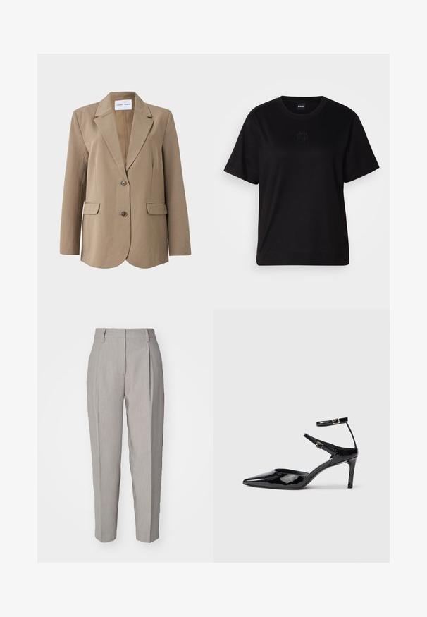 Blazer beige avec un col cranté, deux poches avant et une fermeture à un bouton. Tissu doux avec une coupe ajustée.; T-shirt en coton noir avec un col rond, des manches courtes et un logo brodé sur la poitrine. Coupe simple et décontractée sans motifs.; Pantalons tailleur gris clair avec une texture lisse, devant plissé et design à jambe droite. Comprend des passants de ceinture et une finition polie.; Talons en cuir verni noir avec un bout pointu, des sangles de cheville ajustables et un talon fin. Texture lisse avec une finition brillante.