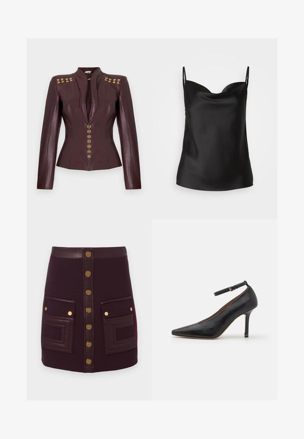 Feszes, sötét bordó bőrdzseki hosszú ujjal, mély V kivágással és arany díszkapoccsal a vállakon és elöl.; Fekete selyem camisole, mély dekoltázzsal, vékony pántokkal és sima, fényes textúrával. Egyszerű, klasszikus dizájn díszítések nélkül.; Sötét lila mini szoknya elülső arany gombokkal, bőr derékpánttal és két nagy elülső zsebbel, bőr díszítéssel és arany gomb részletekkel.; Fekete bőr magassarkú cipő hegyes orral, bokapánttal és vékony sarkal. Sima textúrájú, arany díszítéssel a sarok alján.