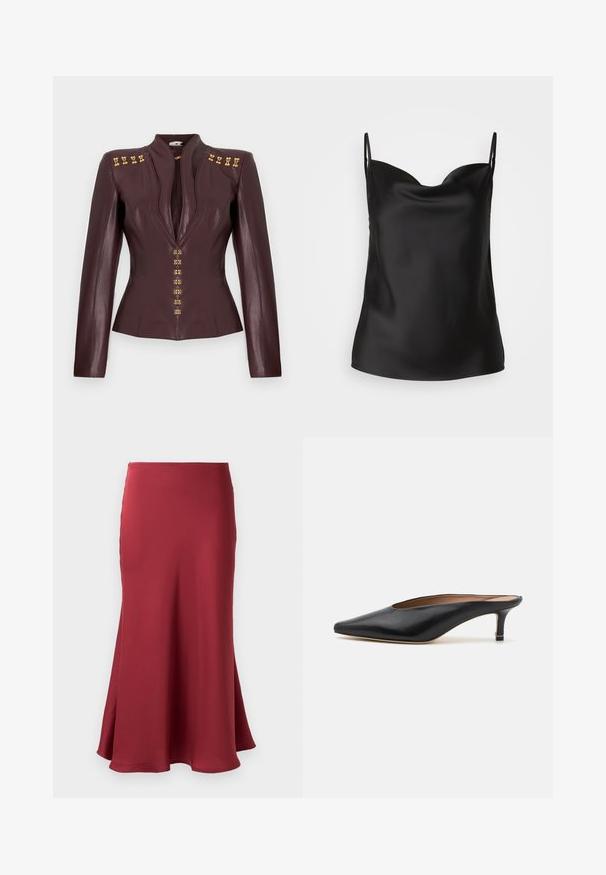 Piemērota tumši burgundijas krāsas ādas jaka ar garām piedurknēm, dziļu V veida dekoltē un zeltītām dekoratīvām sprādzēm uz pleciem un priekšpuses.; Melna satīna kamzolis ar dziļu dekoltē, plānām siksnām un gludu, spīdīgu tekstūru. Vienkāršs, klasiskas dizaina bez rotājumiem.; Burgundijas satīna svārki ar gludu tekstūru, izplestu siluetu un apakšu, kas krīt zem ceļgaliem. Nav redzamu detaļu vai rakstu.; Melnas ādas mūlas ar norādītu pirkstu un zemu, bloku papēdi. Gluda tekstūra ar elegantu dizainu. Atvērta aizmugure ar minimālu detaļu skaitu.