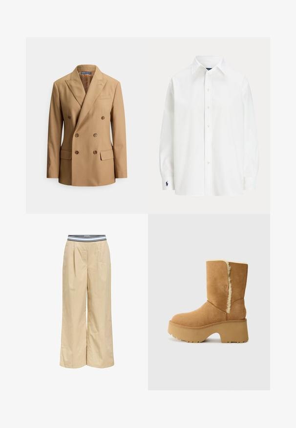 Blazer croisé couleur caramel en tissu lisse, avec deux poches avant, boutons marron, revers à crête et une coupe élégamment cintrée.; Chemise blanche à manches longues, col classique, avec un petit logo bleu sur le poignet. Tissu en coton lisse, coupe structurée.; Pantalons larges beiges avec une ceinture élastique à rayures noires et blanches, présentant des plis à l'avant et une texture en coton lisse.; UGG NEW HEIGHTS CUFF - Bottes de neige - chestnut