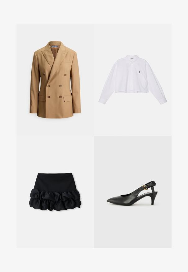 Blazer croisé couleur caramel en tissu lisse, avec deux poches avant, boutons marron, revers à crête et une coupe élégamment cintrée.; Chemise blanche à manches longues, cropped, avec un col classique et un petit logo noir brodé sur la poitrine gauche.; Mini-jupe noire avec un haut ajusté et trois couches de tissu froncé en bas, avec une texture lisse et des lignes épurées.; Chaussure à talon slingback en cuir noir avec un bout pointu, un petit talon et un détail de boucle sur la bride de cheville. Texture lisse, design minimaliste.