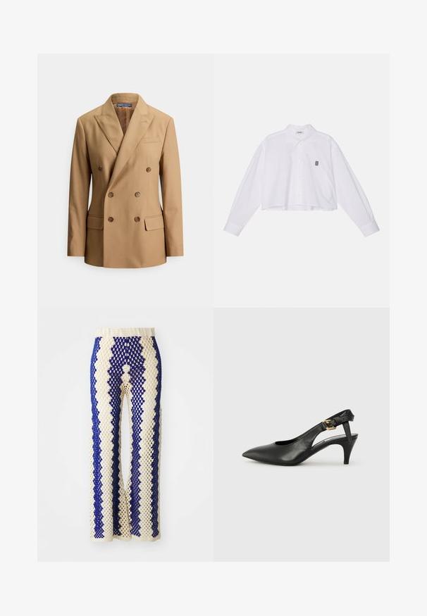 Sacou dublu cu două rânduri, de culoare bronz, confecționat dintr-un material neted, cu două buzunare frontale, nasturi maro, rever ascuțit și un design elegant croi; Cămașă albă scurtă, cu mâneci lungi, cu guler clasic și un mic logo brodat negru pe partea stângă a pieptului.; Pantaloni largi croșetați în crem și bleumarin, cu un model geometric, talie elastică și textură de dantelă pe întreaga suprafață.; Pantofii slingback din piele neagră, cu vârf ascuțit, toc mic și detaliu cu cataramă pe brățara gleznei. Textură netedă, design minimalist.