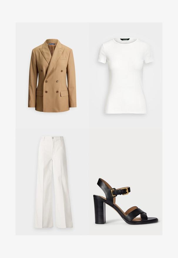 Tan double-breasted blazer made of smooth fabric, featuring two front pockets, brown buttons, peak lapels, and a sleek tailored design.; White cotton T-shirt with short sleeves, round neck, fitted design, and smooth texture. Logo tag at neckline.; White wide-leg trousers made from cotton with a smooth texture. Features a front button, zipper fly, and four-pocket design.; Black leather heeled sandals with a cross-over strap design and a buckle closure. Features a chunky heel and smooth texture.