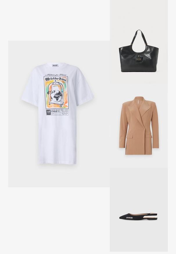 Blazer beige su misura con spalle strutturate, maniche lunghe, rever affilati e due tasche frontali, caratterizzato da una texture liscia e linee pulite.; T-shirt oversize bianca in cotone con una stampa grafica colorata di un carrello per bagagli e un globo, testo e contorni spessi. Maniche corte.; Ballerine nere con cinturino dietro e punta affusolata, realizzate in materiale morbido. Presentano il marchio bianco "LOVE MOSCHINO" e un design minimalista.; Borsa tote in pelle nera con finitura lucida, parte superiore curva, due manici per spalla e un accentuato in metallo color oro sul davanti.