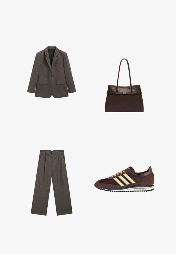Ciemnoszara, jednoknapowa marynarka wełniana z klapami, dwoma kieszeniami z przodu oraz kieszenią na piersi, prezentowana na białym tle.; Szary, dziany sweter z dekoltem w serek i długim rękawem, z prążkowanymi mankietami i dołem, wyłożony na białym tle.; Jasnoniebieska koszula z długim rękawem wykonana z bawełny, z kołnierzykiem, zaszewkami na plecach oraz zaokrąglonym dołem z dyskretnym haftowanym logo.; Szerokie, wysokie ciemnoszare wełniane spodnie z zakładkami z przodu, kieszeniami bocznymi, szlufkami na pasek i zapięciem na czarny guzik.; Brązowe i burgundowe sneakersy wykonane z zamszu i siateczkowych materiałów, z trzema kremowymi paskami, teksturowanym materiałem na języku i gumową podeszwą.; Torba na ramię z ciemnobrązowej skóry z cienkimi podwójnymi uchwytami i srebrnym prostokątnym klamrą na przednim pasku.