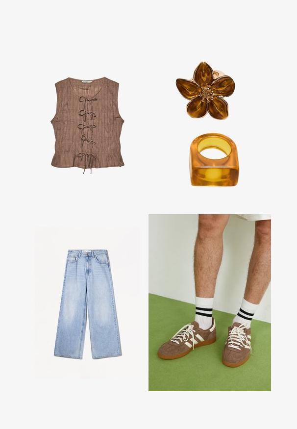 Ciemnoszara, jednoknapowa marynarka wełniana z klapami, dwoma kieszeniami z przodu oraz kieszenią na piersi, prezentowana na białym tle.; Brązowy bezrękawnik o teksturowanej tkaninie, z przodem zapinanym na sznurki i marszczeniem wzdłuż dolnej krawędzi.; Bershka WIDE jasnoniebieski denim; Brązowe zamszowe sneakersy z białymi akcentami i sznurówkami. Gumowa, brązowa podeszwa. Noszone z białymi skarpetkami w czarne paski. Zielona teksturowana podłoga.; Pierścionek z kwiatem w kolorze bursztynu, charakteryzujący się błyszczącym wykończeniem i okrągłym środkiem, w komplecie z pasującą, kwadratową obrączką z bursztynu.