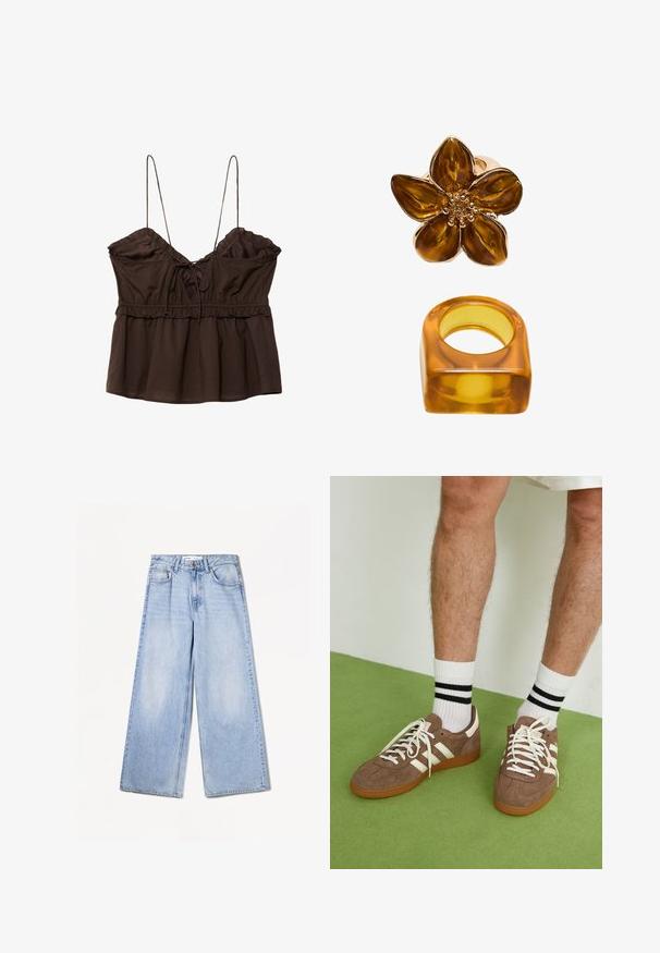 Dark gray single-button wool blazer with notch lapels, two front flap pockets, and a chest welt pocket, shown on a white background.; Brown, sleeveless top with a gathered bust, adjustable spaghetti straps, ruffled edges, and a relaxed fit with a drawstring detail.; Bershka WIDE-LEG - Wide Leg - light-blue denim; Brown suede sneakers with white accents and laces. Rubber gum sole. Worn with white socks featuring black stripes. Green textured flooring.; Amber-colored flower ring featuring a glossy finish with a round center, alongside a matching square-shaped amber band.