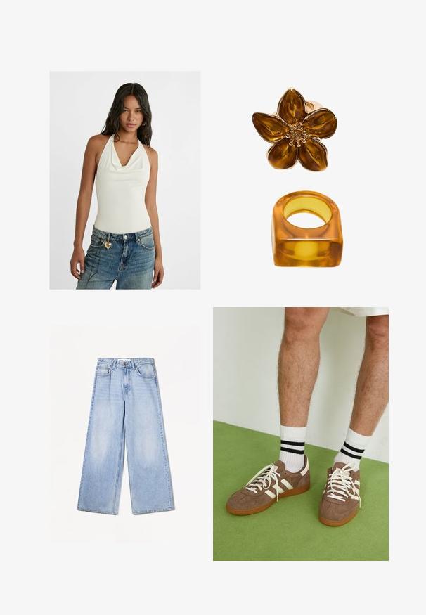 Tmavě šedý vlněný blazer s jedním knoflíkem a výstřihy do klopy, se dvěma předními plochými kapsami a kapsou na hrudi, zobrazený na bílém pozadí.; Bílý bezrukávový body s volným výstřihem ve tvaru záhybu, spárovaný se světle modrými volnými džíny s přívěskem ve tvaru srdce na poutku opasku.; Bershka WIDE-LEG - Wide leg - light-blue denim; Hnědé semišové tenisky s bílými akcenty a tkaničkami. Gumová podrážka. Nošeny s bílými ponožkami s černými pruhy. Zelená strukturovaná podlaha.; Prsten s květinovým vzorem v jantaru, jehož lesklý povrch je zakončen kulatým středem, spolu s odpovídajícím čtvercovým prstenem z jantaru.