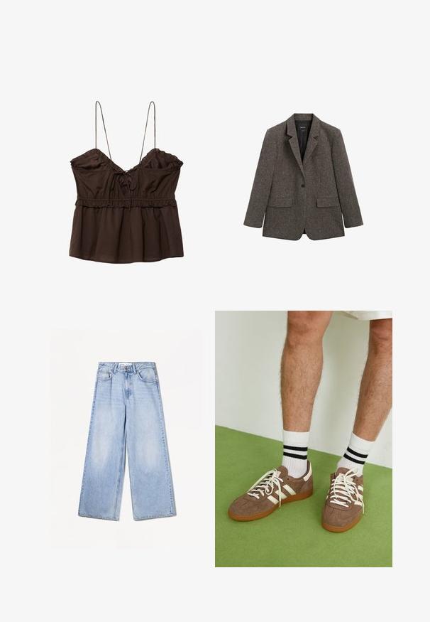 Blazer in lana grigio scuro a un bottone con rever a cono, due tasche anteriori con pattina e una tasca a filetto sul petto, mostrato su uno sfondo bianco.; Top marrone senza maniche con scollatura arricciata, spalline regolabili, bordi arricciati e vestibilità comoda con dettaglio a cordoncino.; Bershka WIDE-LEG - Wide Leg - light-blue denim; Sneaker in suede marrone con dettagli e lacci bianchi. Suola in gomma color gomma. Indossati con calzini bianchi con righe nere. Pavimento verde texturizzato.