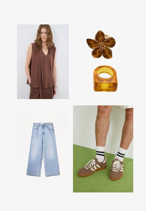 Dark gray single-button wool blazer with notch lapels, two front flap pockets, and a chest welt pocket, shown on a white background.; Brown sleeveless blouse with a V-neck, featuring a draped design and stitched details at the neckline. Soft, flowing fabric texture.; Bershka WIDE-LEG - Wide Leg - light-blue denim; Brown suede sneakers with white accents and laces. Rubber gum sole. Worn with white socks featuring black stripes. Green textured flooring.; Amber-colored flower ring featuring a glossy finish with a round center, alongside a matching square-shaped amber band.