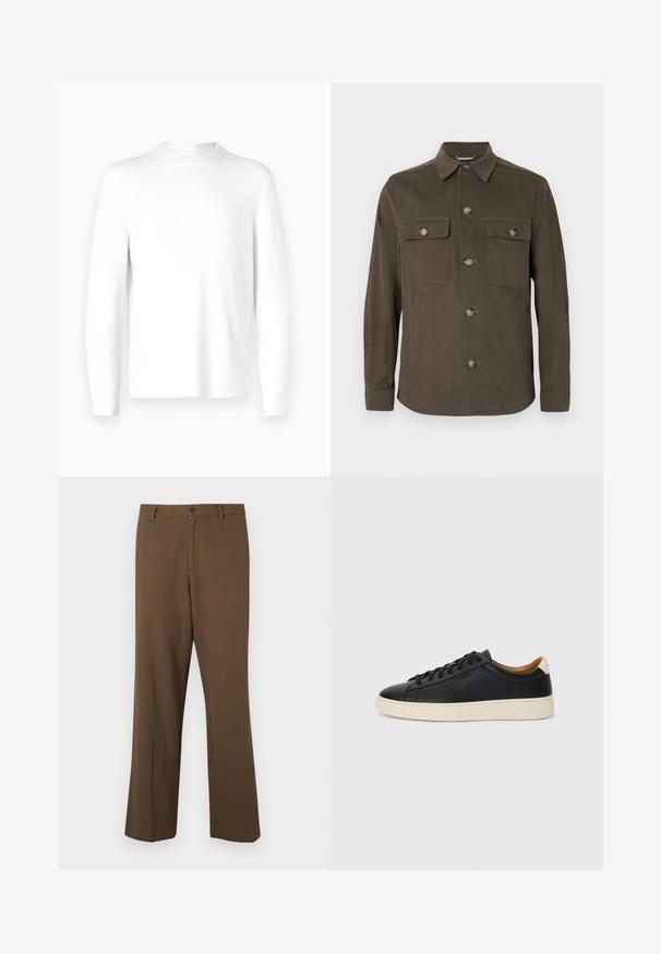Temno olivno zeleno srajčno jakno iz gladkega materiala, ki ima ovratnik, sprednje zapiranje na gumbe in dvojna žepna prostora na prsih z usklajenimi gumbi.; Bela, dolgimi rokavi, pulover z teksturirano tkanino in okroglim ovratnikom. Oblikovanje je minimalistično, brez vidnih vzorcev ali dodatkov.; Bistre, hlače s ravnimi nogavicami, narejene iz teksturiranega blaga, z gumbom za zapiranje in standardnim pasom, s stranskimi žepi in krojenimi šivi.; Črne usnjene superge z gladko teksturo, bež gumijastim podplatom, zavezovalnim dizajnom in kontrastnim nagibom na peti.