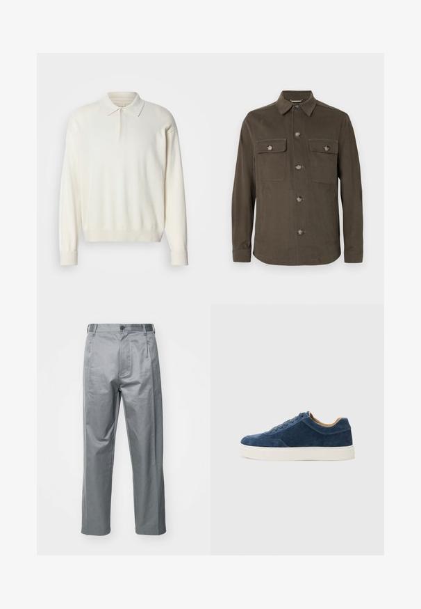 Jachetă cămașă de culoare verde măsliniu închis, realizată dintr-un material neted, având guler, închidere cu butoane pe față și două buzunare pe piept cu butoane asortate.; Pulover alb, cu mâneci lungi și guler clasic, confecționat dintr-un material moale, având un placket cu nasturi și manșete și tiv ribbed.; Pantaloni gri dintr-un amestec de bumbac, cu un design cu picior drept, având sistem de închidere cu buton frontal, curea și buzunare laterale.; Adidași din suede albastru cu talpă din cauciuc alb, design cu șireturi, vârf rotund și interior contrastant de nuanță bej. Detalii fine de cusătură.