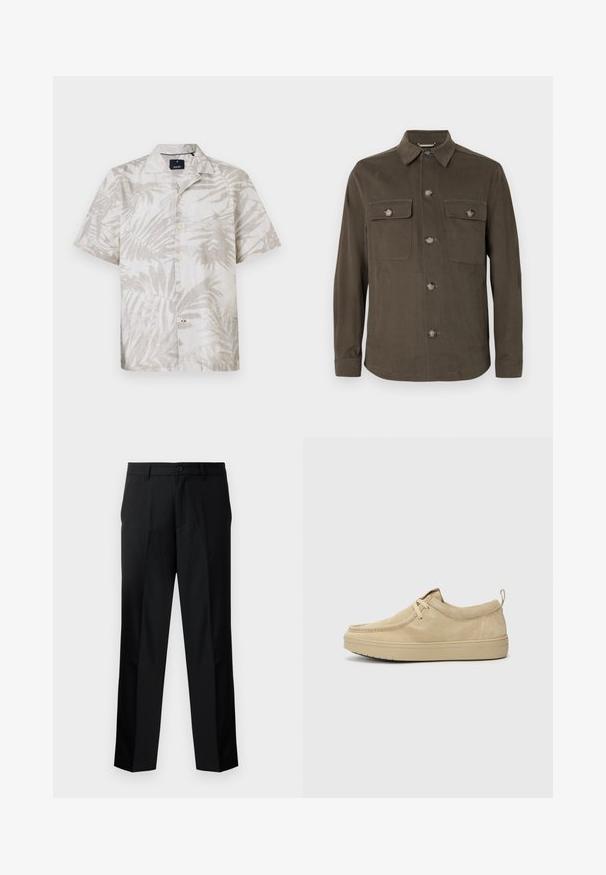 Chaqueta de camisa en verde oliva oscuro, confeccionada en tela suave, con cuello, cierre frontal de botones y dos bolsillos en el pecho con botones a juego.; Camisa de manga corta con estampado de palmeras en lino beige claro, con cuello con muesca y frente de botones. Diseño sutil de hojas en toda la tela.; Pantalones negros de corte recto y ajustados, con cierre de botón, cremallera y trabillas para cinturón. Tejido suave con bolsillos laterales.; Zapatos slip-on de ante beige con punta redondeada, costuras mínimas y suela de goma. Textura suave con un sutil acento de marca en el talón.