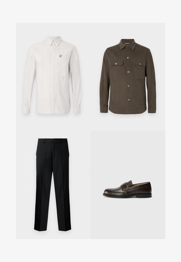 Sötét olíva zöld ingdzseki sima anyagból, amely nyakkal, elülső gombos záródással és két mellzsebbel rendelkezik, amelyeken azonos színű gombok találhatók.; Fehér gombos ing, amely pamutból készült és hosszú ujjú. A bal mellel lévő zsebében egy kis zöld hímzett madárlogó található.; Fekete, egyszínű, egyenes szabású nadrág, gombos záródással, cipzáros sliccel és övbelövőkkel. Simább anyag, oldalzsebekkel.; Calvin Klein Belebújós cipők - cocoa brown