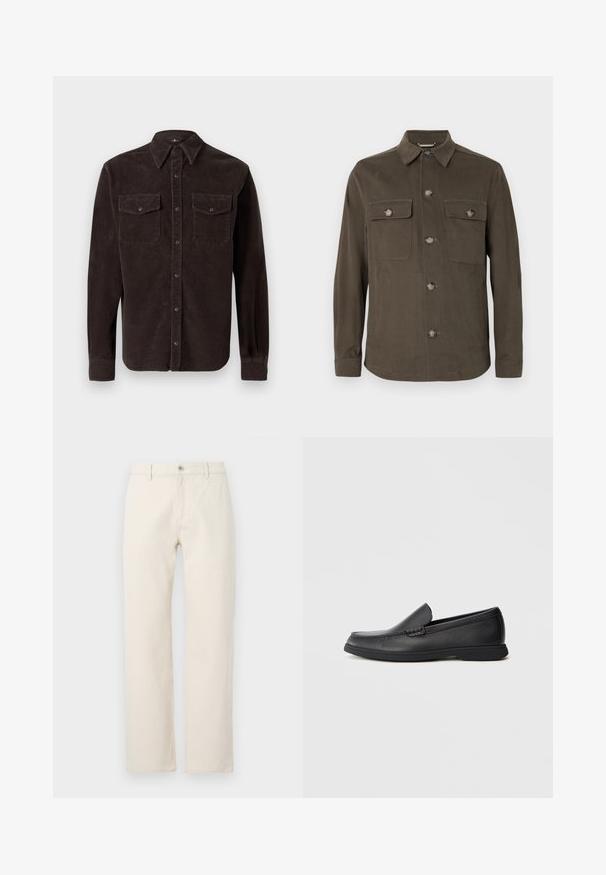 Mørk olivengrønn skjortejakke laget av glatt stoff, med krage, frontlukking med knapper og to brystlommer med matchende knapper.; Brun cordfløyelskjorte med klassisk krage, lange ermer, to brystlommer med knappelukking og teksturert stoff.; Kremfargede rett ben-jeans laget av bomull, med knappelukking, beltestropper og en enkel tekstur uten mønstre.; Sorte skinn patolog med teksturert overdel, avrundet tå, lav hæl og gummisåle, vist i sideprofil på hvit bakgrunn.