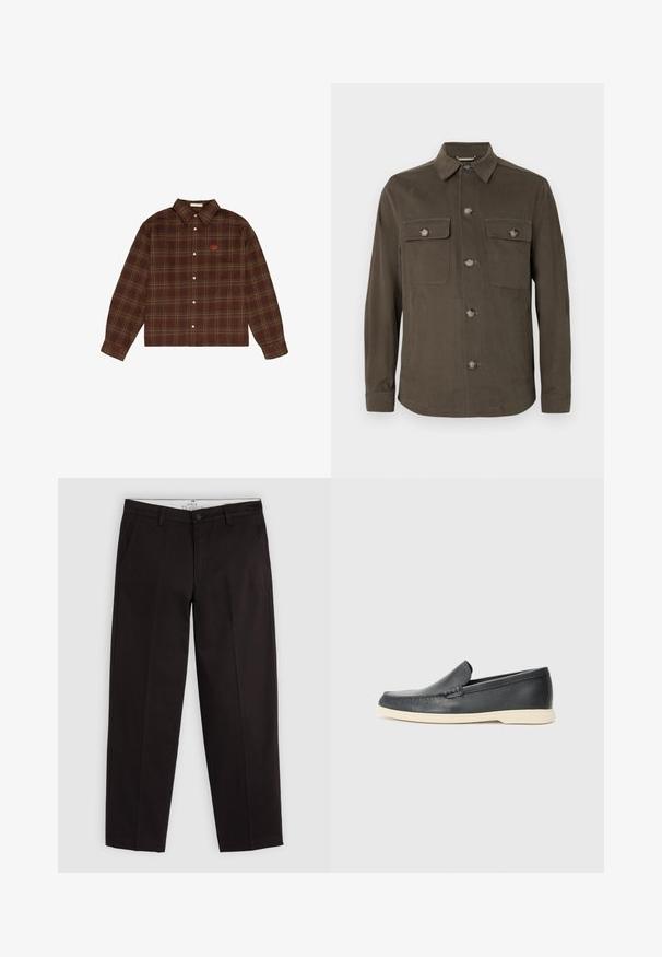 Tumeoliivroheline särk-jacket, mis on valmistatud siledast kangast, sisaldab kraed, esist nööbiga sulgemist ja kahte rinna-taskut vastavate nööpidega.; Pruun ja roheline ruuduline nööbiga särk pikkade varrukatega, mille vasakul rinnal on väike oranž tikandiga logo.; Mustad sirged põlvpüksid, millel on vöökohad, nööbi sulgemine ja küljetaskud, esitlemine helesinise halli taustal.; Must musta sussid mustast nahast, millel on tekstuuriga pind ja kontrastne beež kummitald. Ees on peen aktsent.