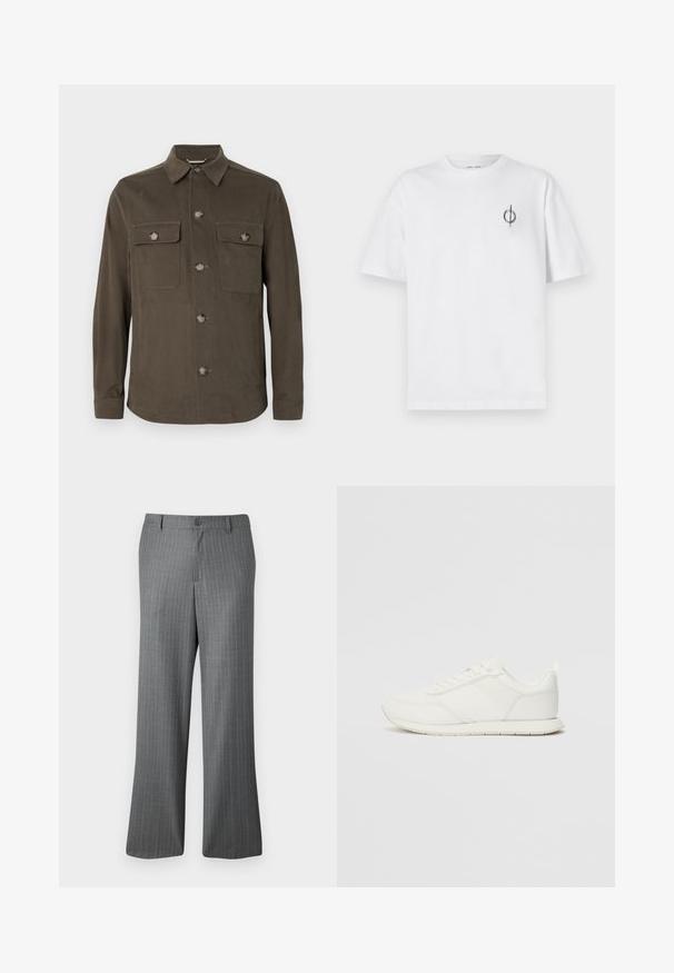 Veste chemise vert olive foncé en tissu lisse, avec un col, une fermeture à boutons sur le devant et deux poches poitrine avec des boutons assortis.; T-shirt en coton blanc avec une coupe décontractée, présentant un petit logo graphique noir sur le côté gauche de la poitrine. Manches courtes, col rond.; Pantalons gris à rayures fines avec une coupe décontractée, dotés d'une fermeture à bouton, de passants de ceinture et de subtiles rayures bleu clair tout au long.; Sneaker blanche avec une tige en mesh et en synthétique, bout rond, lacets plats et une bande latérale texturée. Semelle en caoutchouc avec une languette à l'arrière.