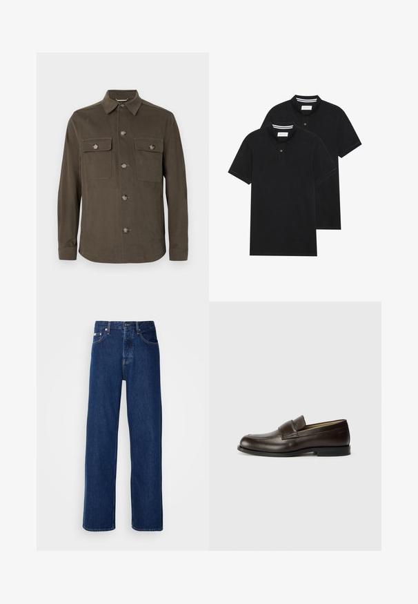 Tummanoliivinvihreä puserotakki, joka on valmistettu sileästä kankaasta. Takissa on kaulus, edessä nappisuljenta sekä kaksi rintataskua yhteensopivilla napeilla.; Kaksi mustaa lyhythihaista poolopaitaa, puuvillamateriaalia, joissa on klassinen kaulus, kahden napin napitus ja valkoiset raidat kauluksen sisällä.; Siniset farkut, joissa on leveä lahjeratkaisu, varustettuna nappikiinnityksellä ja klassisella viiden taskun tyylillä. Kangas on sileää.; Calvin Klein Loaferit/pistokkaat - cocoa brown