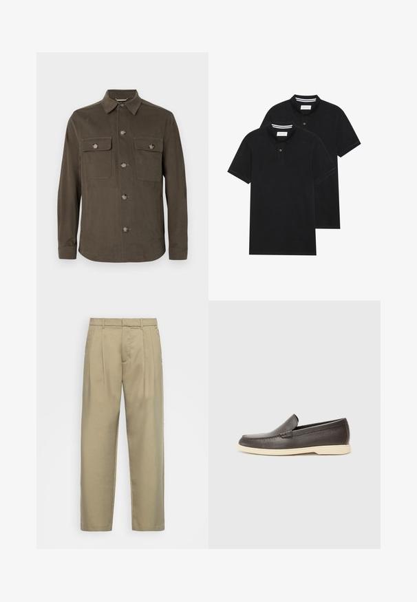 Dunkelolivgrüne Hemdjacke aus glattem Stoff, mit Kragen, vorderem Knopfverschluss und zwei Brusttaschen mit passenden Knöpfen.; Zwei schwarze Polohemden, kurzärmlig, aus Baumwolle, mit einem klassischen Kragen, zwei Knöpfen und weißen Streifenakzenten im Inneren des Kragens.; Beige, hochgeschnittene Hose mit geradem Schnitt, flachem Bund, Seitentaschen und einem glatten, strukturierten Stoff.; Braune Leder-Slippers mit strukturierter Oberfläche und einer kontrastierenden, hellbeigen Sohle. Sie verfügen über eine abgerundete Zehenpartie und minimale Nähdetails.