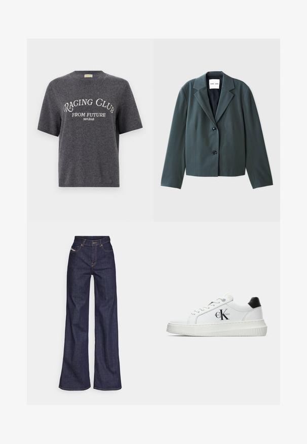 Tume roheline lühikeste varrukatega bleiser, millel on lõigatud krae, ühe nööbiga disain ja kaks musta nuppu. Sile kangas, millel on struktuurne istuvus.; Hall sõlgadega hall särk, mis on valmistatud pehmest materjalist, esiküljel valgete graafiliste tähtedega "RACING CLUB FROM FUTURE EST.2018".; Tumedates sinised laiad teksad denimpesus, kõrge vöökohaga, mis on varustatud oranžide õmblustega, viie-taskulise disaini ja nööbiga kinnitusega.; Valge madalate sokkidega jooksutoss, millel on must konts, platvormi tallad, paelad ja Calvin Kleini "CK" logo küljel.