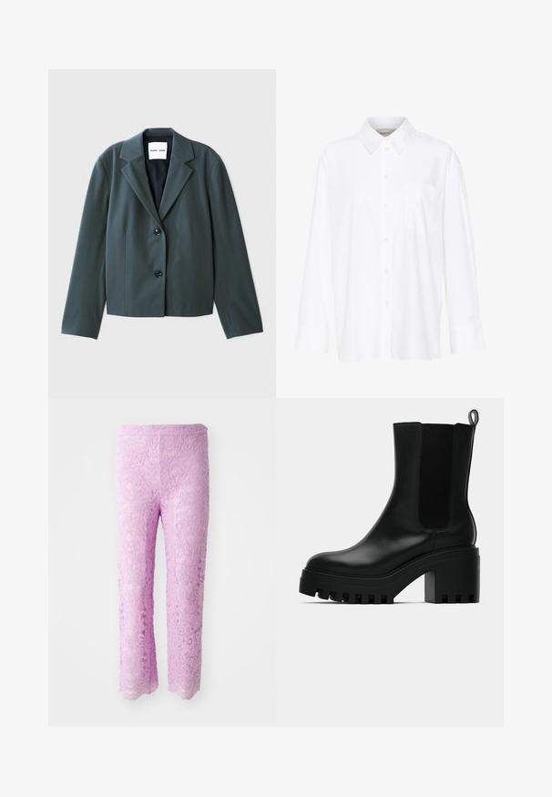 Blazer accorciato verde scuro con revers a punta, design monopetto e due bottoni neri. Tessuto liscio con una vestibilità strutturata.; Camicia bianca a maniche lunghe con colletto in cotone. Caratterizzata da una chiusura con bottoni e una tasca sul petto singola. Tessuto liscio, vestibilità comoda.; Pantaloni in pizzo rosa con orlo a scollatura, caratterizzati da motivi floreali intricati. Il tessuto appare leggero e strutturato, progettato per una silhouette aderente.; Stivaletto in pelle nera con punta rotonda, suola a piattaforma spessa e dettagli in rete sui lati. Presenta un manico per indossarlo facilmente.