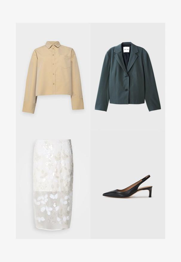Tume roheline lühikeste varrukatega bleiser, millel on lõigatud krae, ühe nööbiga disain ja kaks musta nuppu. Sile kangas, millel on struktuurne istuvus.; Lühikeste varrukatega beeži värvi puuvillase segu särk, millel on terav krae, nööbidiagonaal ja väike rinna tasku, millel on logo tikand.; Knee-length seelik kreemjas värviga, millel on lilleline sädelev muster. Poolläbipaistev ülemine kiht, allpool vooderdatud. Sile tekstuur erinevate valgete kaunistustega.; Must musta slingback tüüpi kingad terava nina, madala kontsaga ja sileda pinnaga. Sisaldab õhukest reguleeritavat rihma turvaliseks istumiseks.